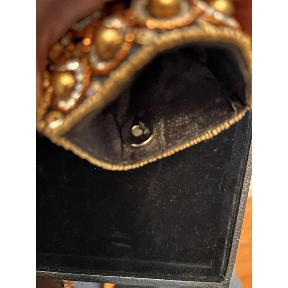 Black Gold Beaded Sequin Coin Wallet Clutch Folding Snap Closure Embroidered[A3]